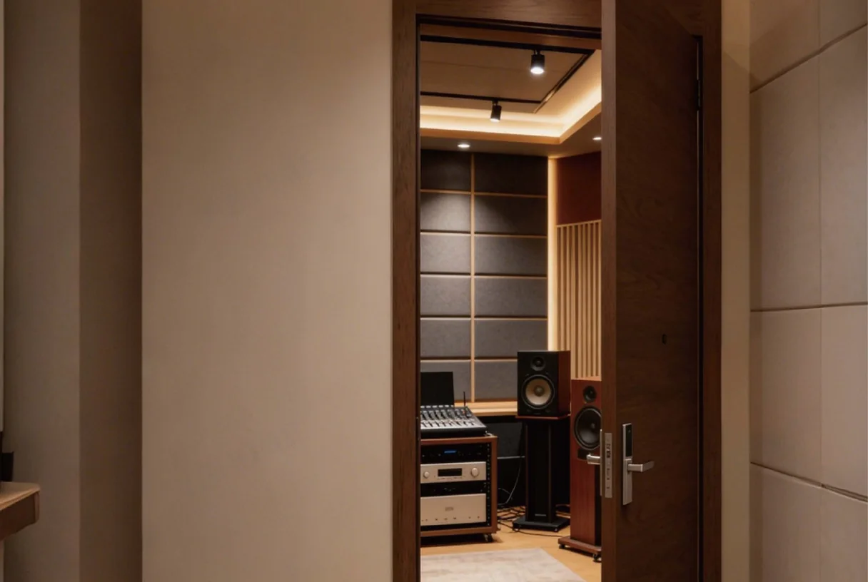 Open wooden hotel fire door looking through to a suite interior with dark joinery, design rendering