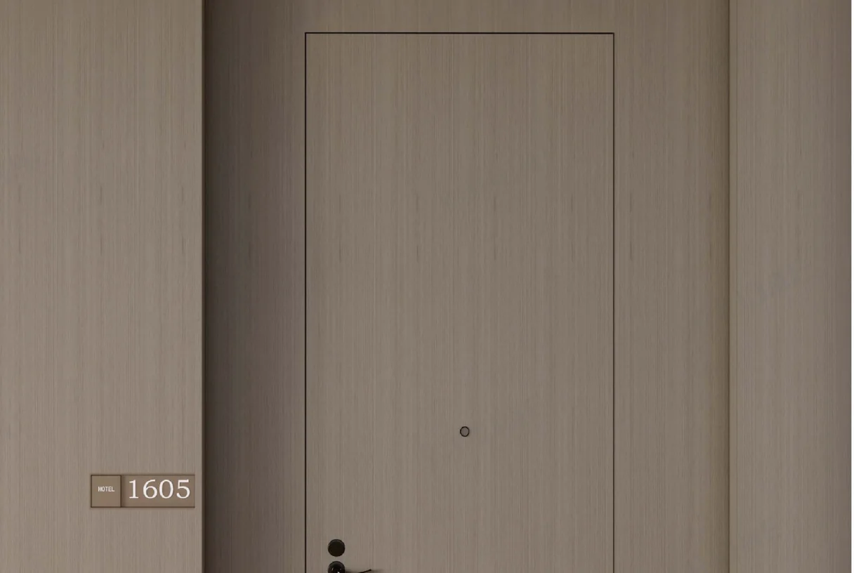 Tall single-leaf hotel fire door with a room-number plate in a laid corridor, design rendering