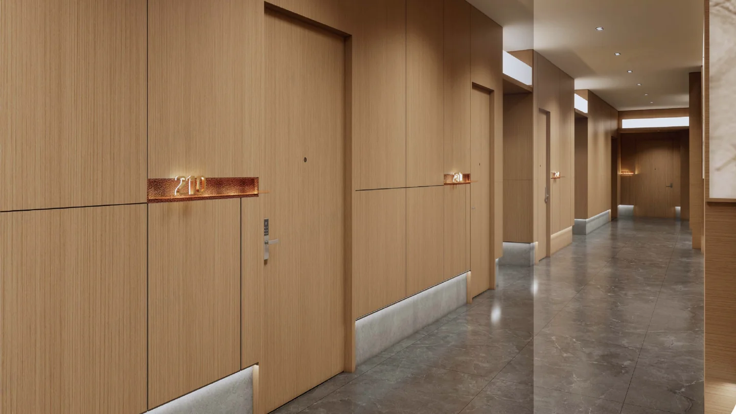 Warm timber-panelled hotel guestroom corridor with steel-framed timber-leaf fire doors