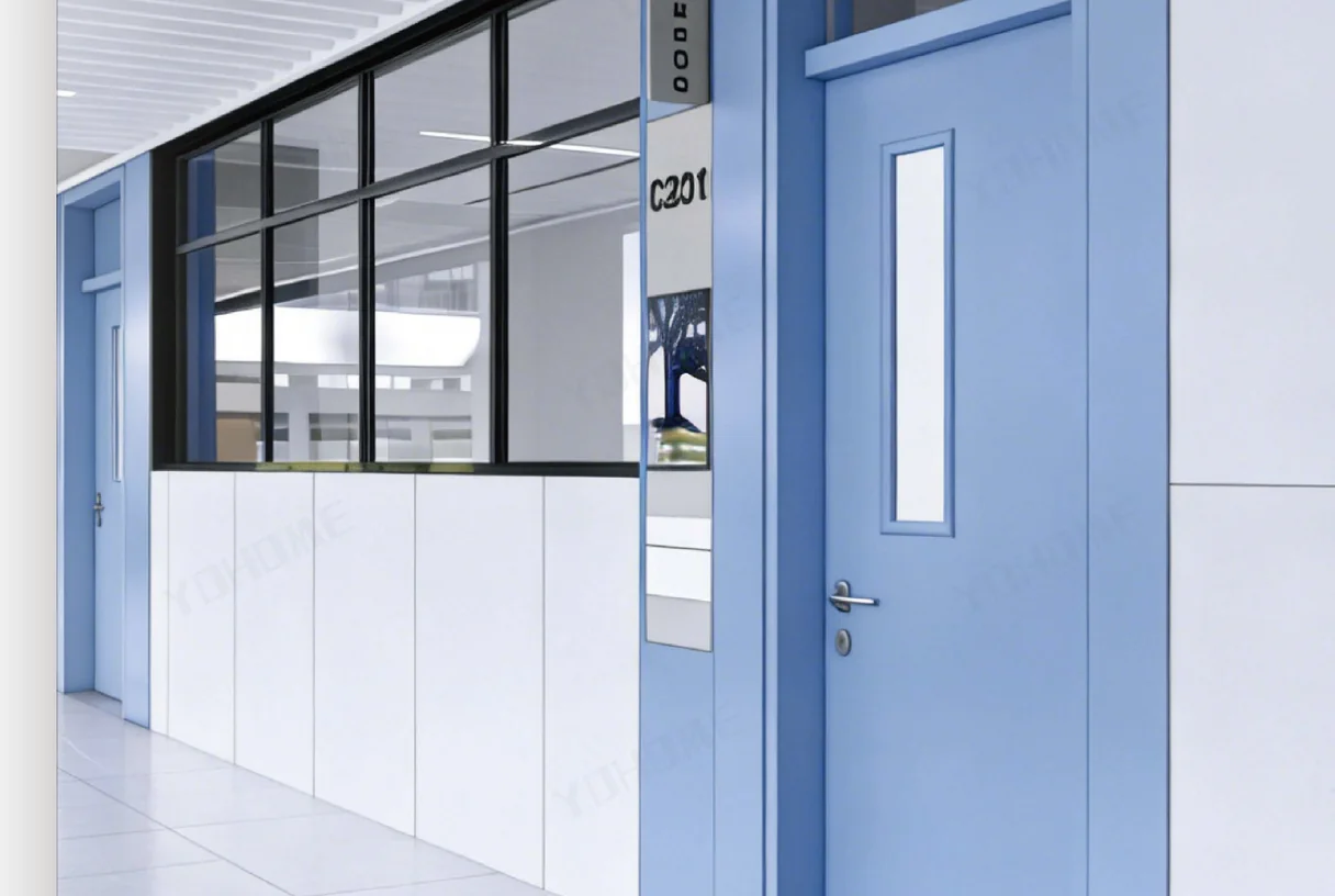 Blue classroom fire doors along a school corridor with a glass-walled room, design rendering