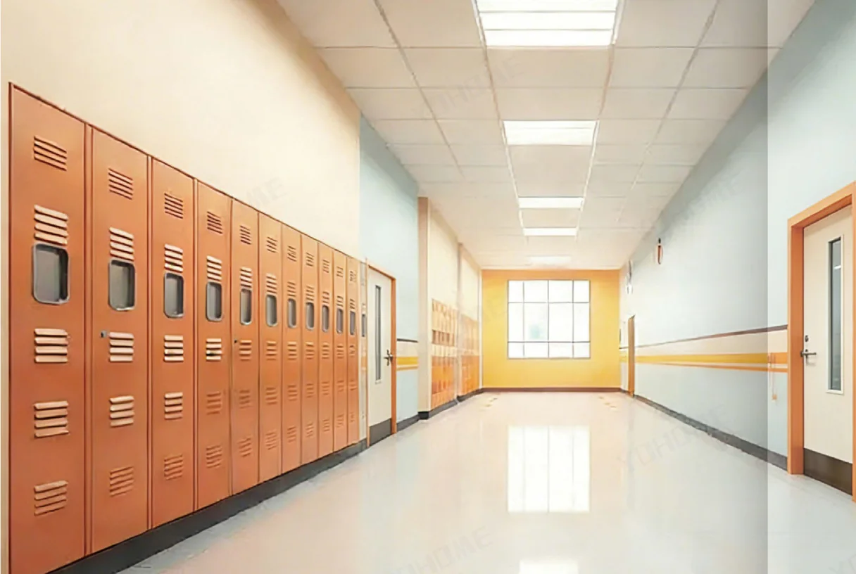 School corridor with orange lockers and a run of classroom fire doors, design rendering