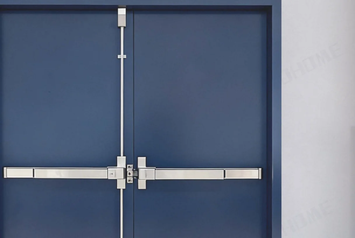 Blue metal double-leaf fire exit door with a vertical panic bar, design rendering