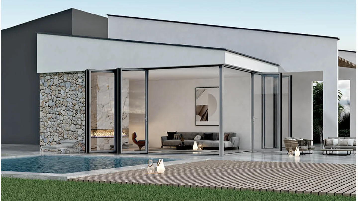 Dark-framed aluminium folding glass door bank across a villa facade onto a pool deck, design rendering