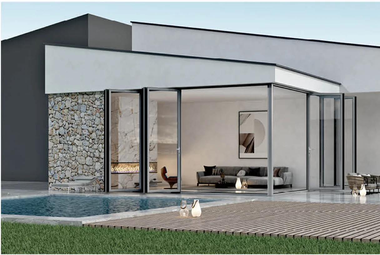 Dark-framed folding glass door bank across a stone-clad villa wall facing a pool deck, design rendering