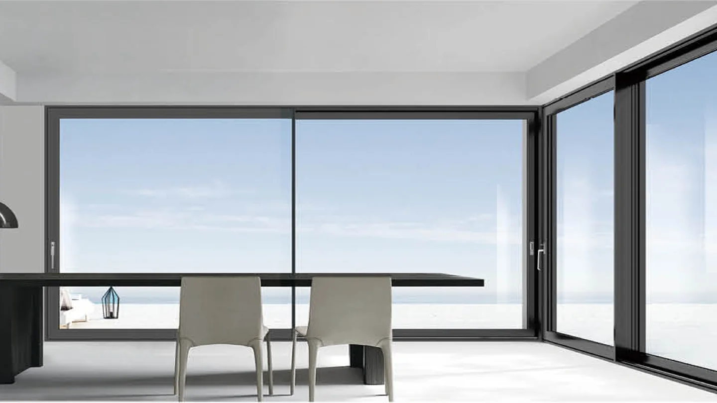 Lift and slide glass door with two leaves opening onto a sea view, dining setting, design rendering