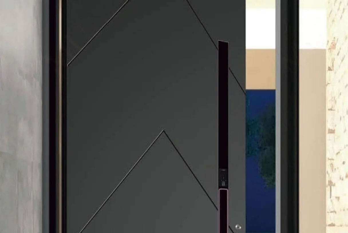 Dark pivot entrance leaf with a diamond pattern, a narrow side light and a stone jamb, design rendering