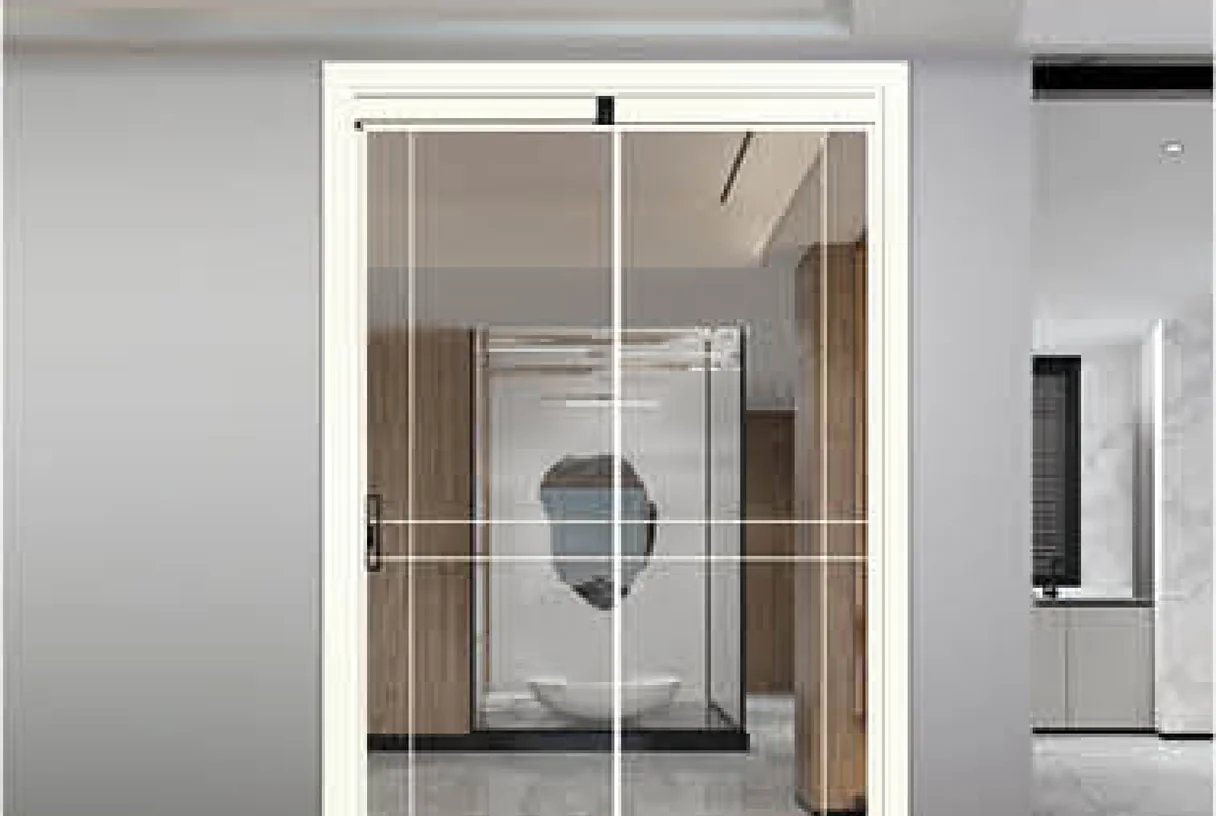 White-framed PT glass door leaf set into an interior partition with a mirror beyond, design rendering