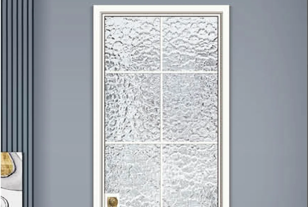 White-framed vintage aluminium door with textured craft glass in a grey room with a blue-grey slat panel, design rendering