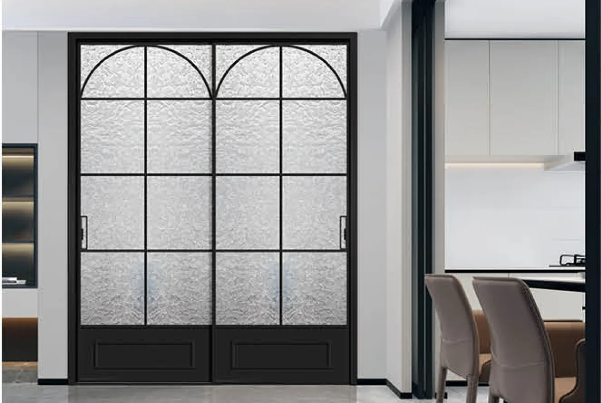 Black double-leaf vintage door with arched heads and textured glass onto a kitchen and dining room, design rendering