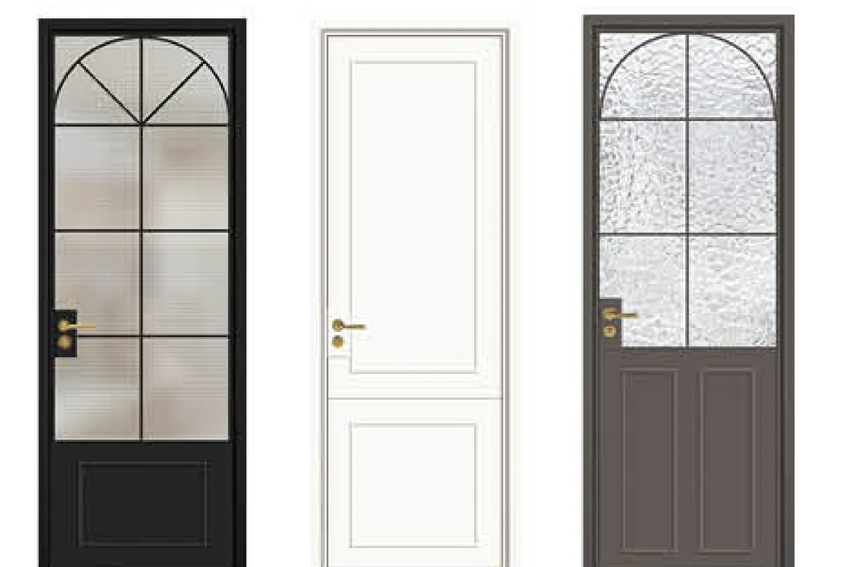 Three vintage aluminium door leaves in jazz black, jazz glazed white and jazz moonlight grey side by side, design rendering