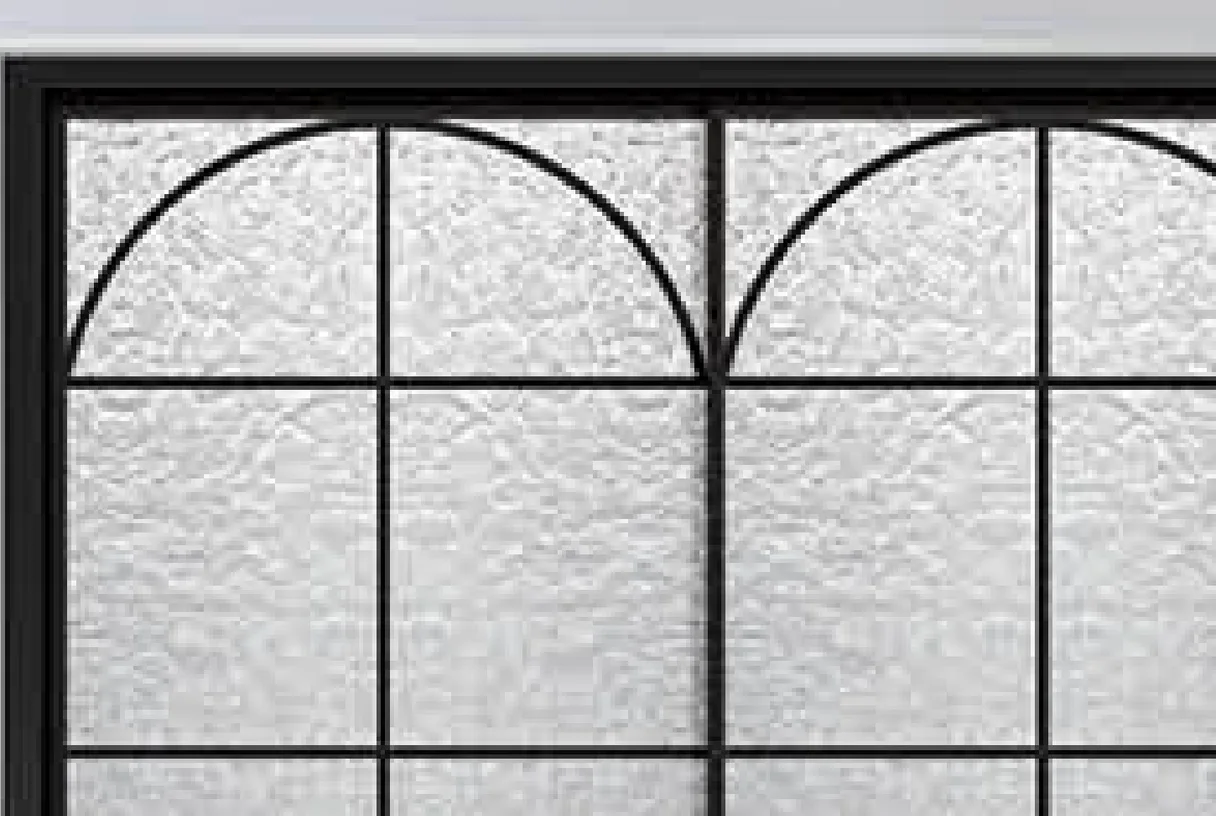 Close view of the vintage door arched head with grille bars and textured craft glass, design rendering