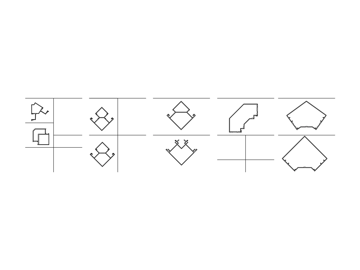 Lineup drawing of curtain wall corner mullion sections in polygon shapes