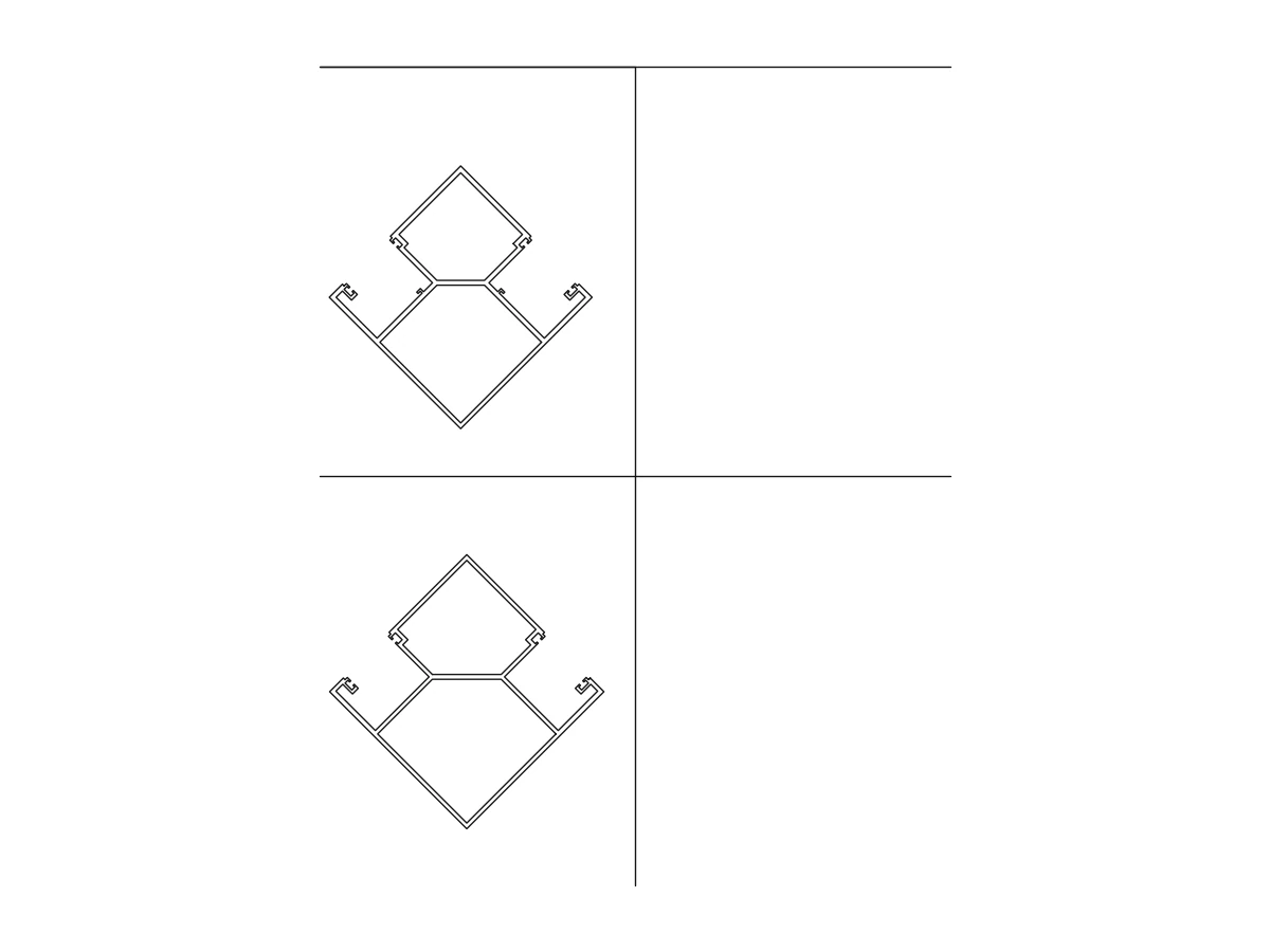 Section drawing of two diamond shaped curtain wall corner mullion profiles