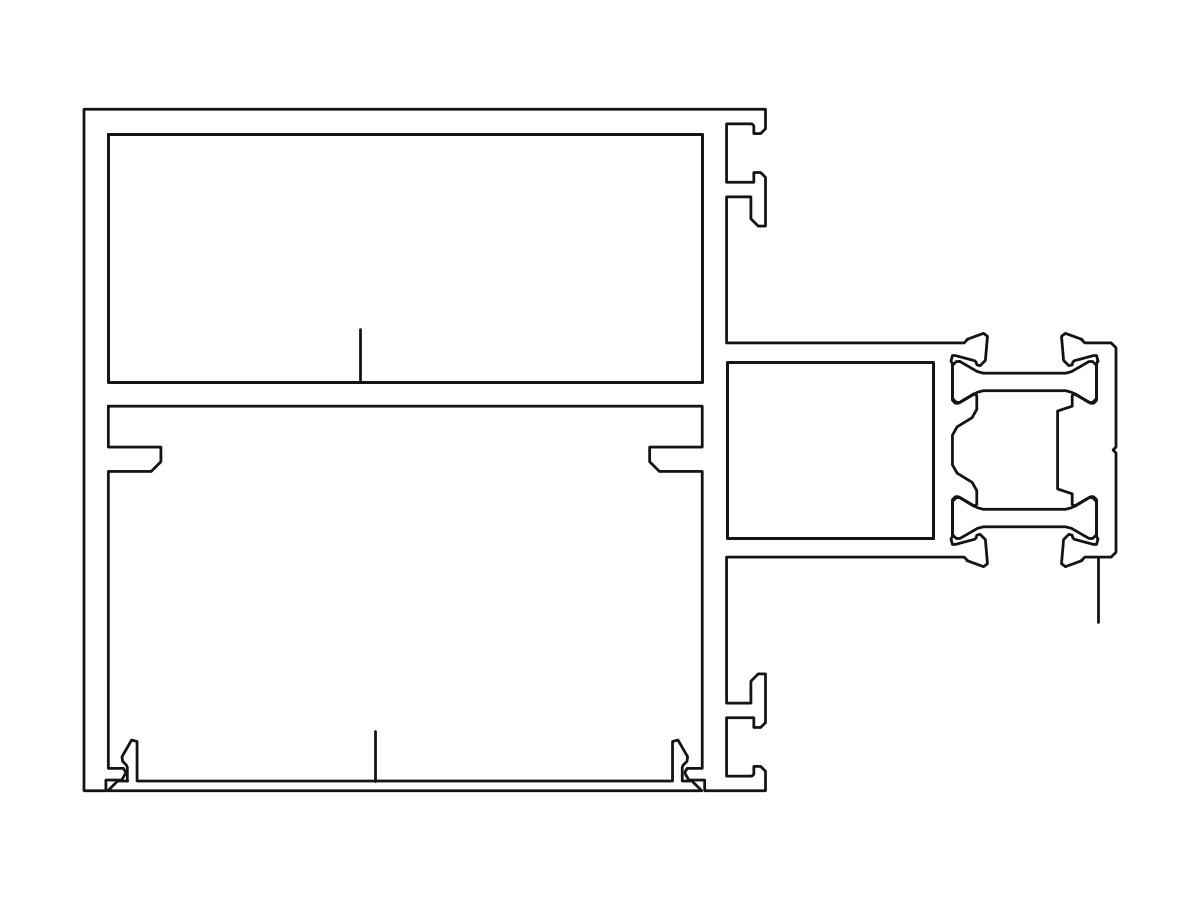 Section drawing of a curtain wall transom profile joined to the mullion connector
