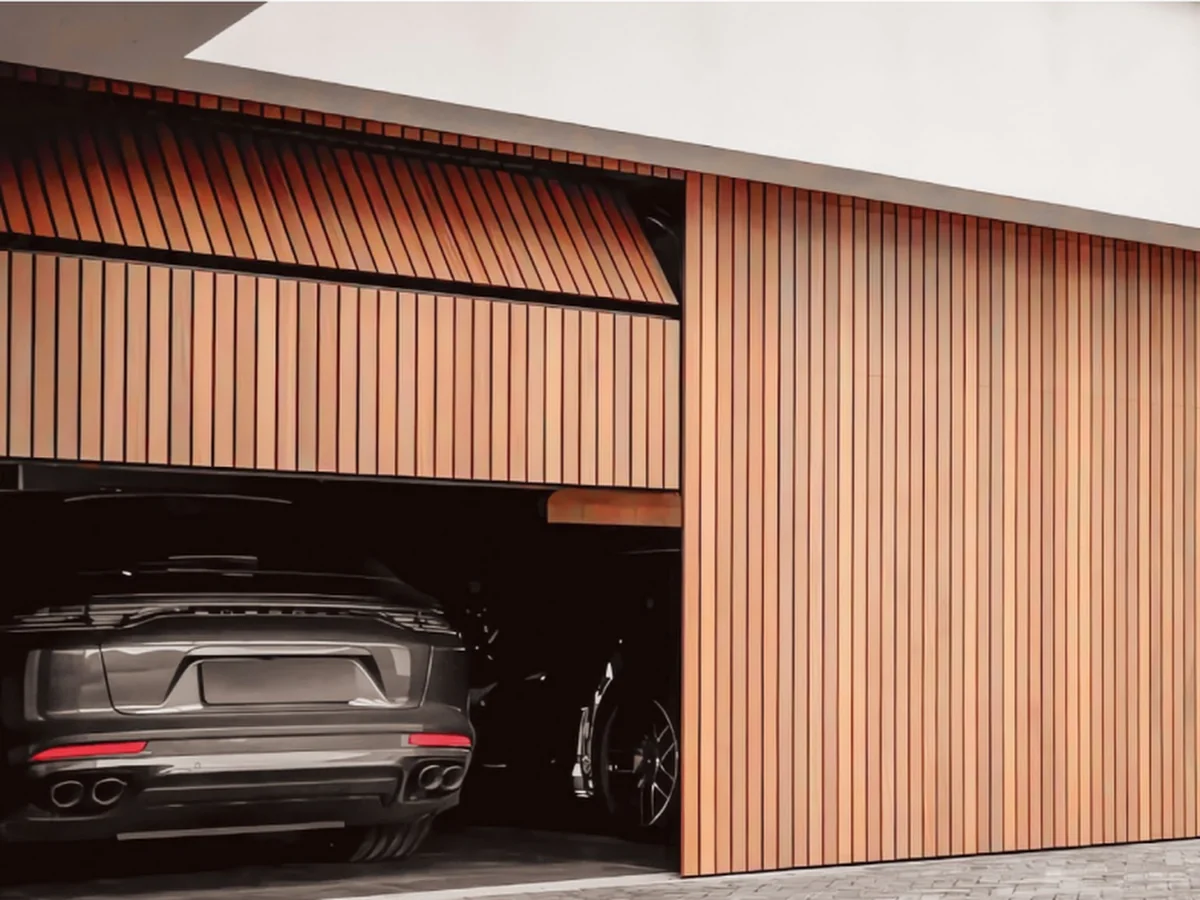 Black aluminium grille sectional garage door with even batten spacing, design rendering