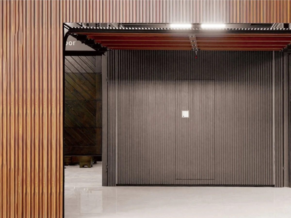 Wood-grain aluminium grille sectional garage door on a rendered carport, design rendering
