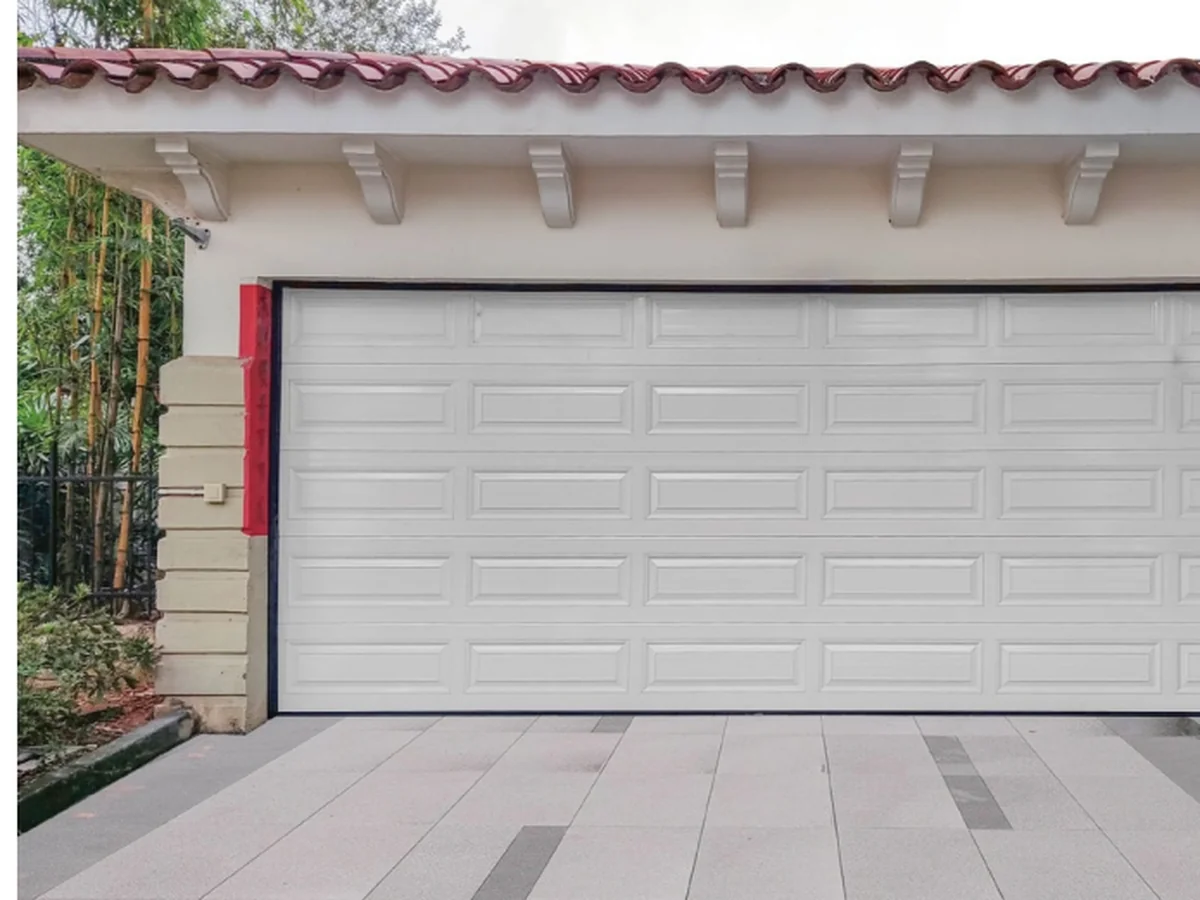 Aluminium raised panel garage door leaf with raised panels in shadow, design rendering