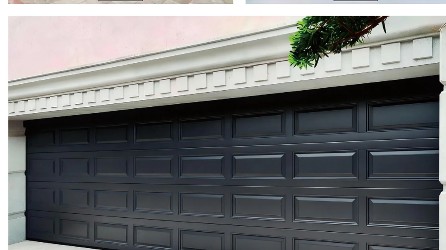 Aluminium raised panel garage door with a cooper-style relief face on a rendered house, design rendering
