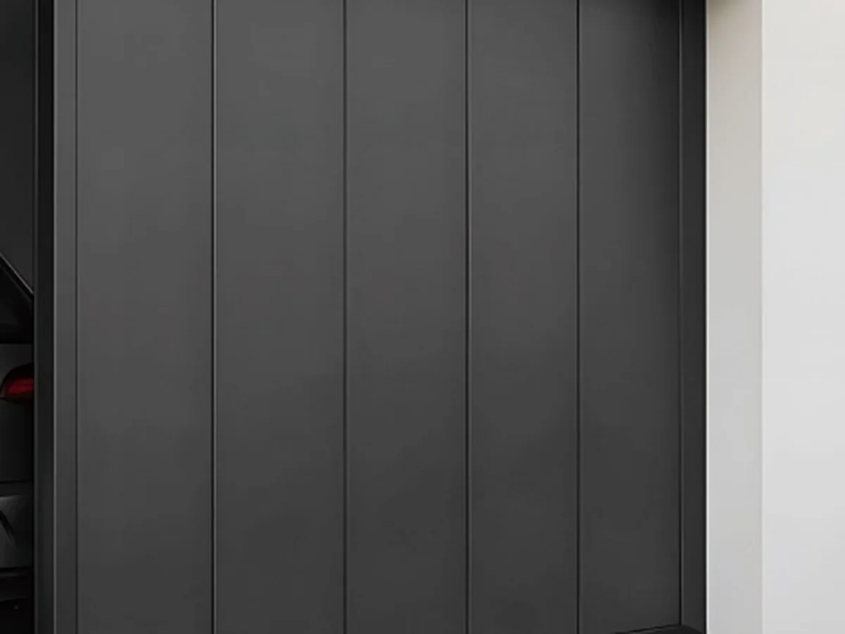 Aluminium side sliding garage door leaf parked beside the opening, design rendering