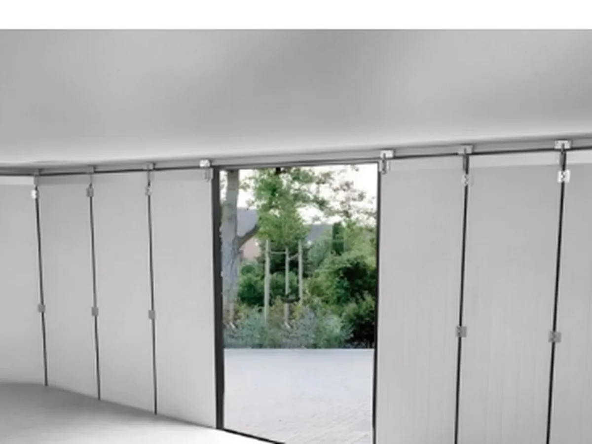 Aluminium side sliding garage door on a rendered garage with a clear ceiling, design rendering