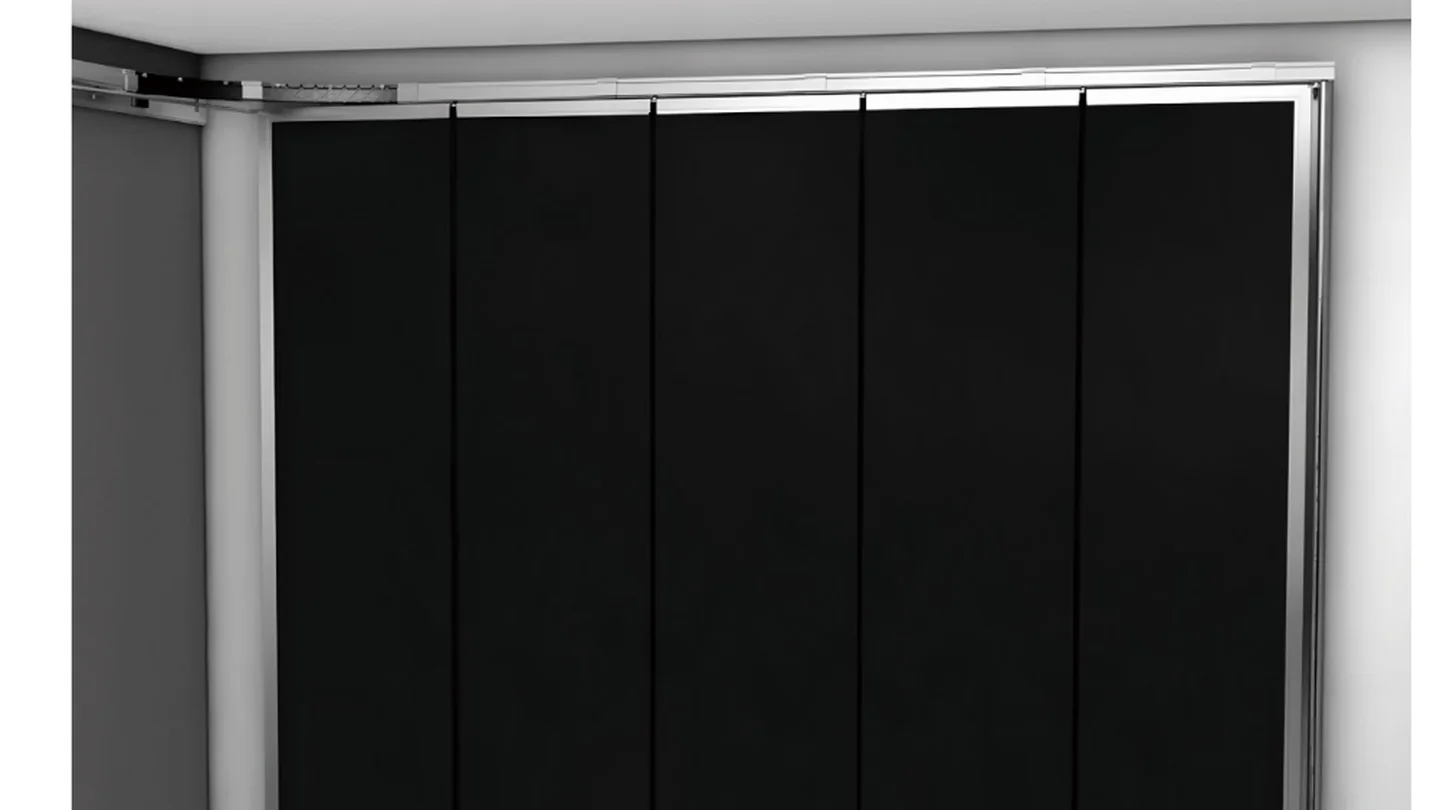 Aluminium side sliding garage door with the leaf parked beside a rendered wall, design rendering