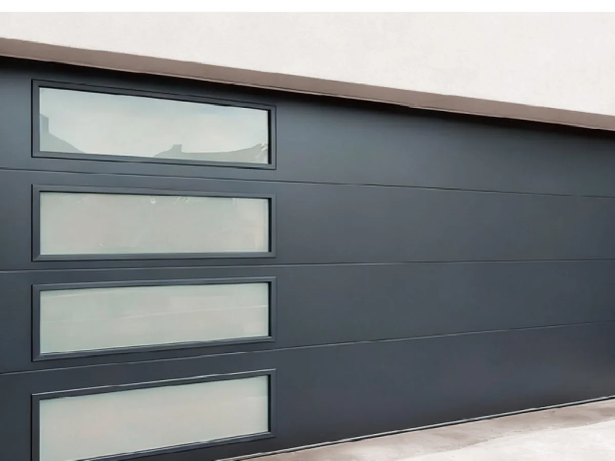 Insulated steel garage door leaf on a rendered garage front, design rendering