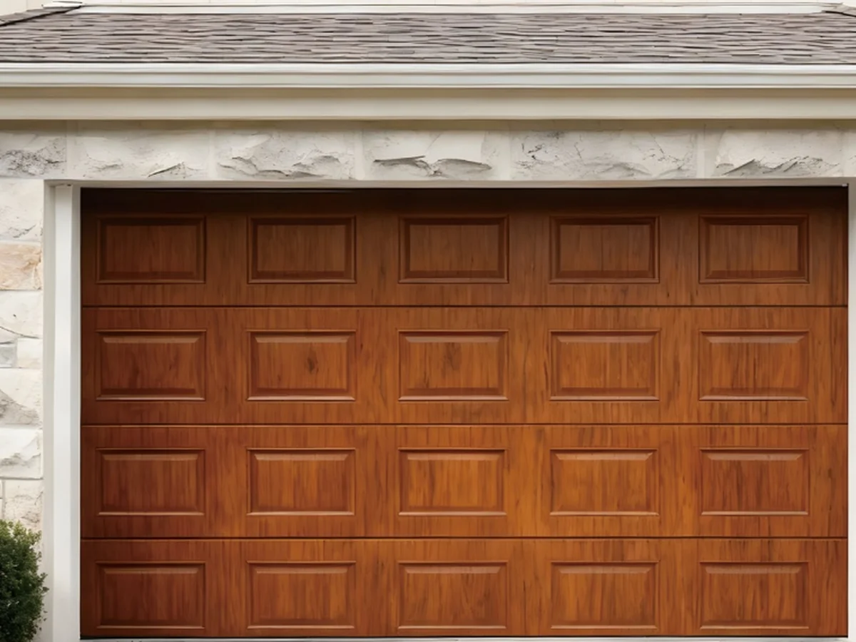 Insulated steel garage door showing the foam-injected panels inside the leaf, design rendering