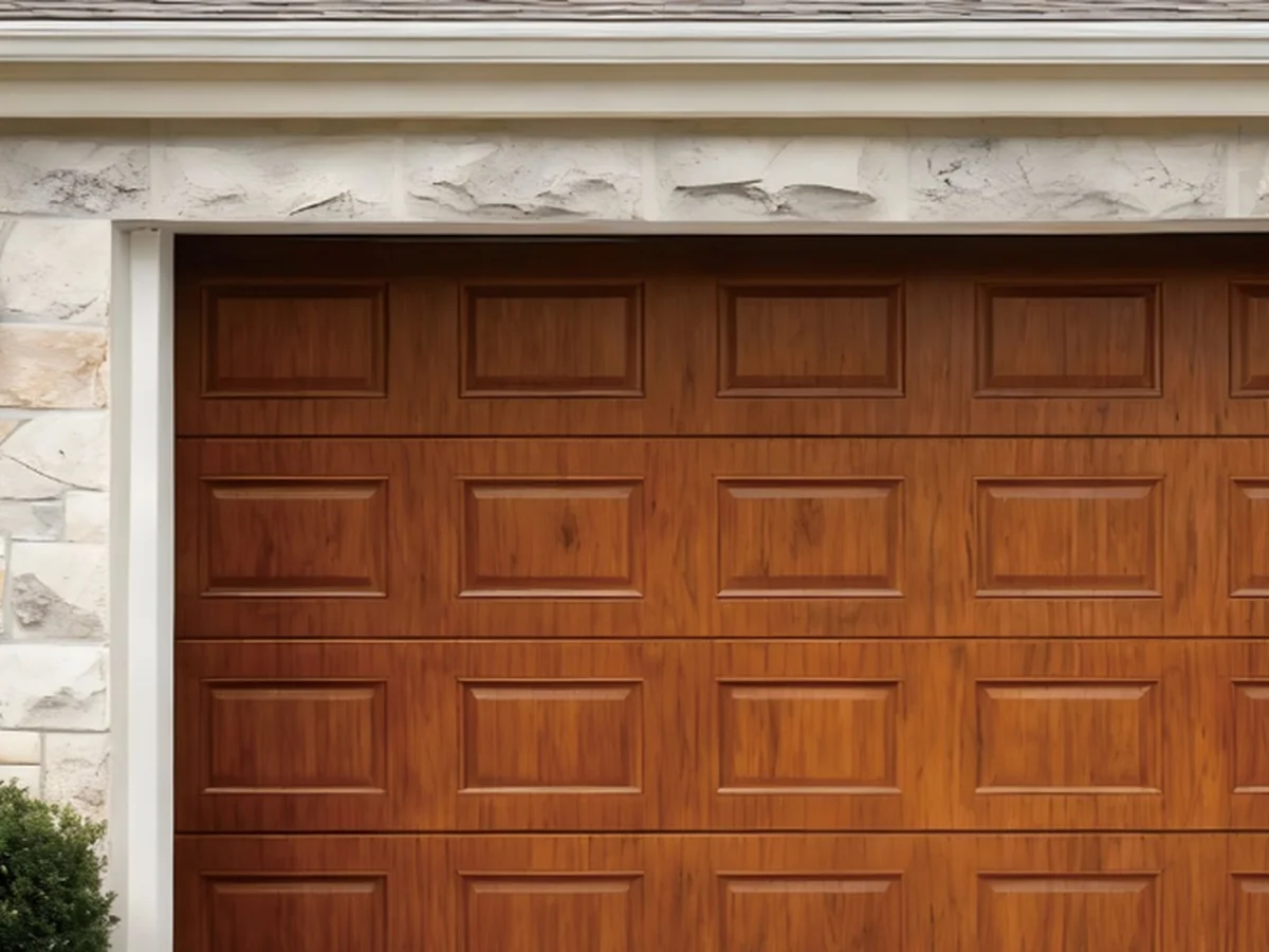 Panelled insulated steel garage door across a rendered opening, design rendering
