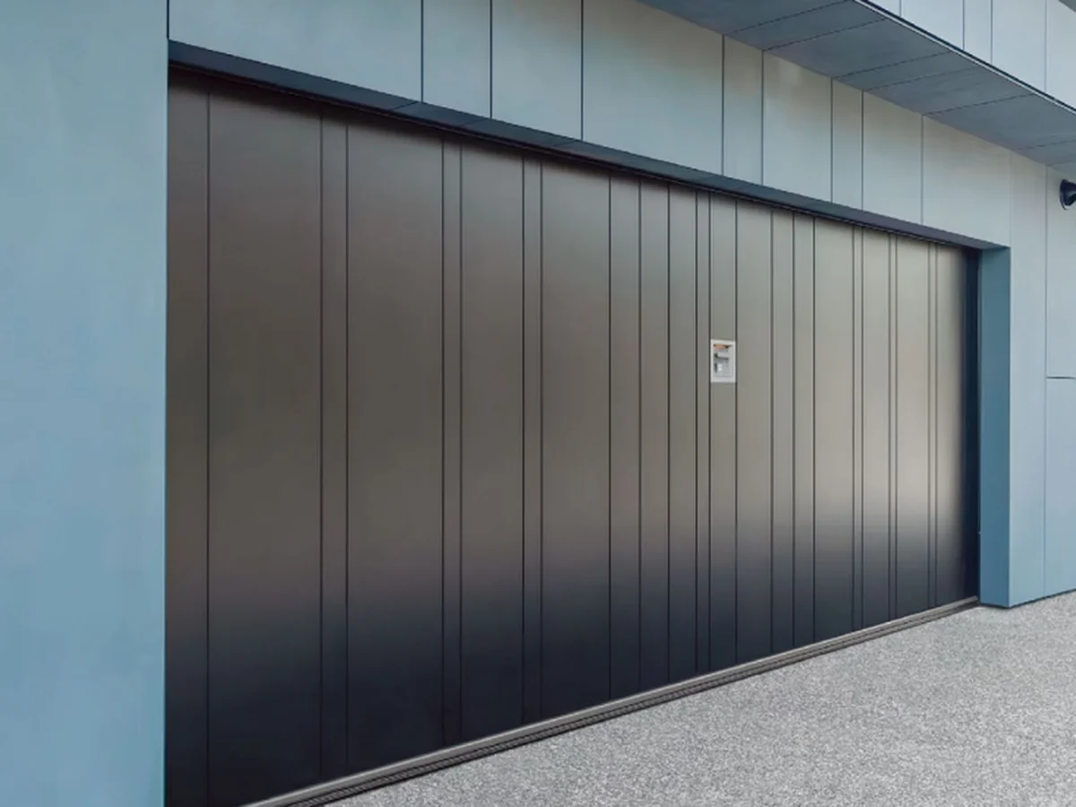 Open aluminium up and over garage door with the leaf lifted to the ceiling, design rendering