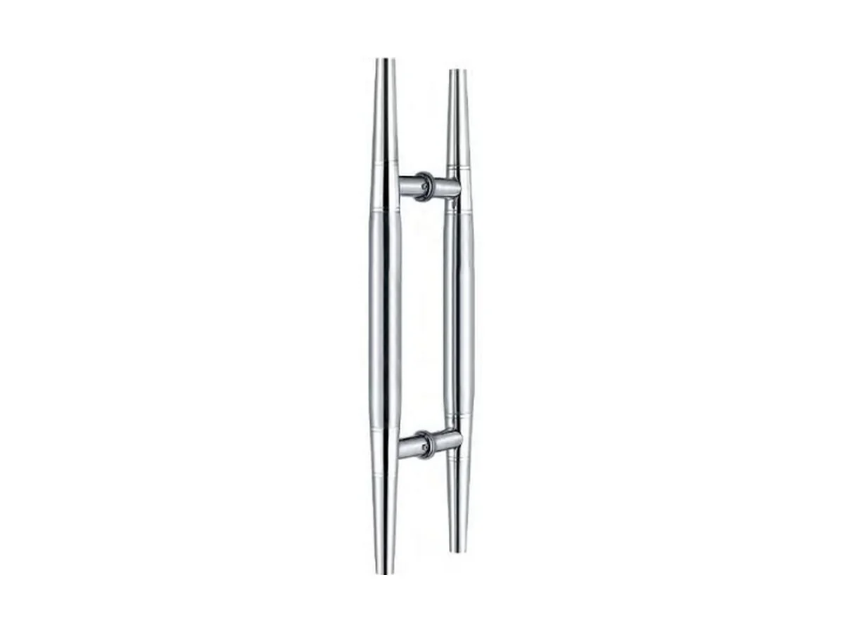 Crystal knob door handle with a round aluminium stem on a light background, catalogue studio shot