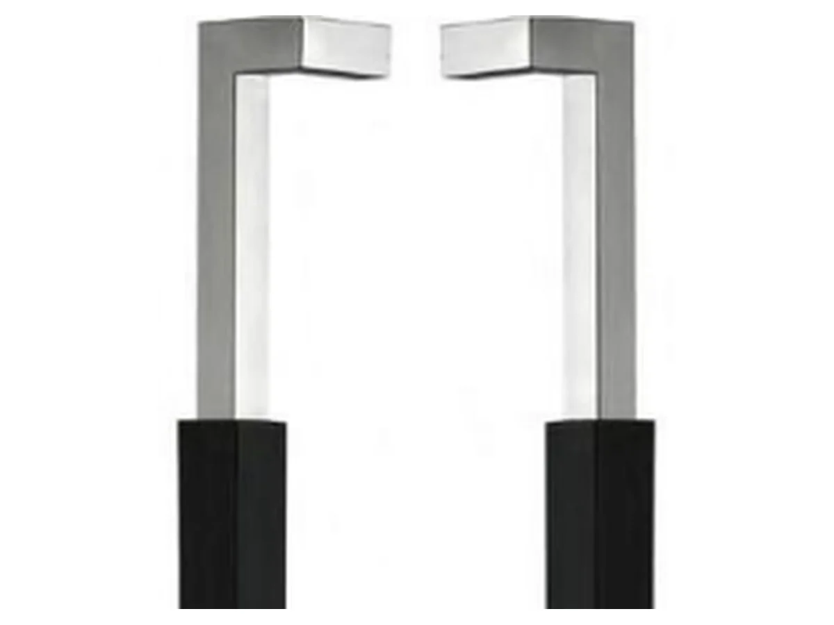 Close-up product shot of the bar section and mount of a stainless steel bar door handle