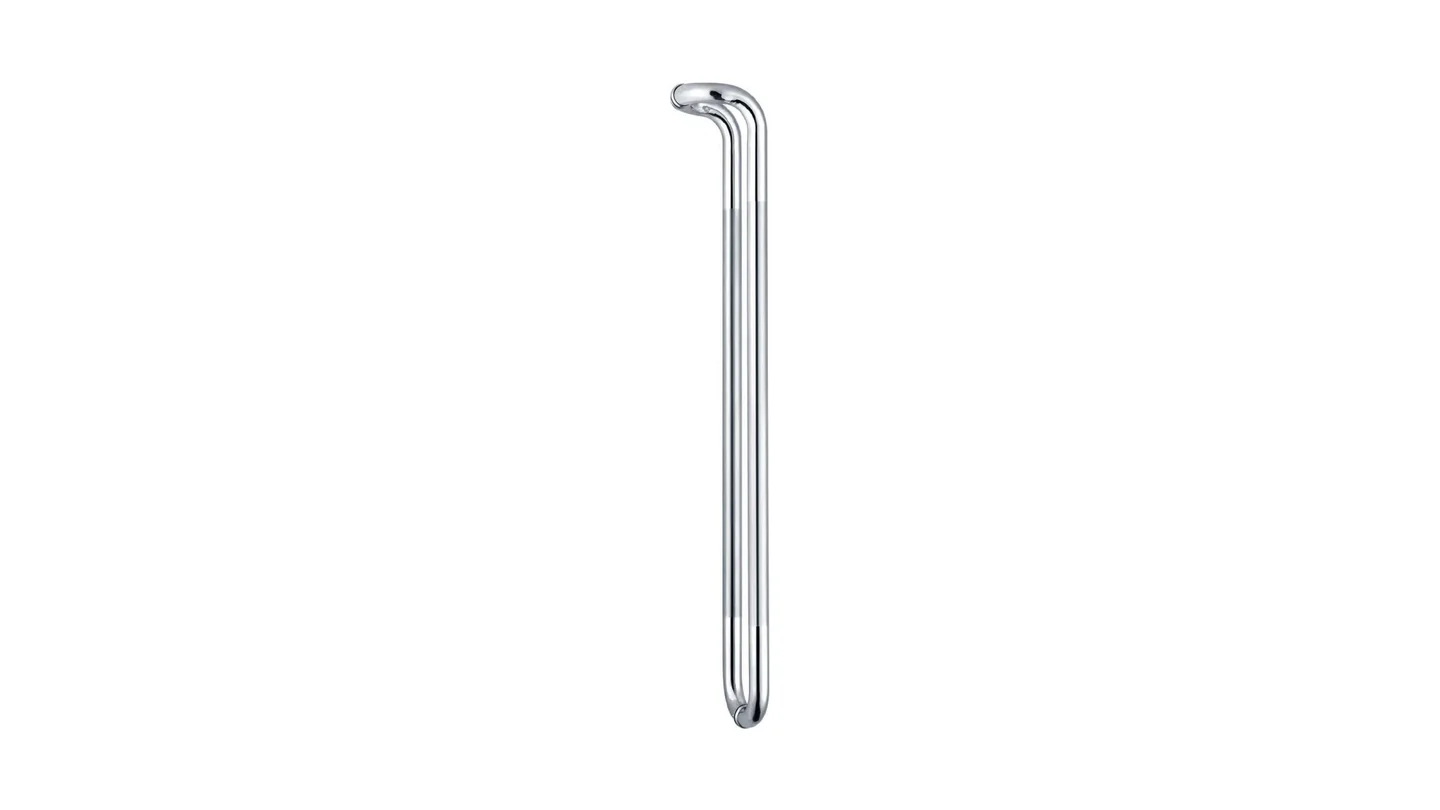 Stainless steel bar door handle with a straight bar and two mounts, catalogue studio product shot