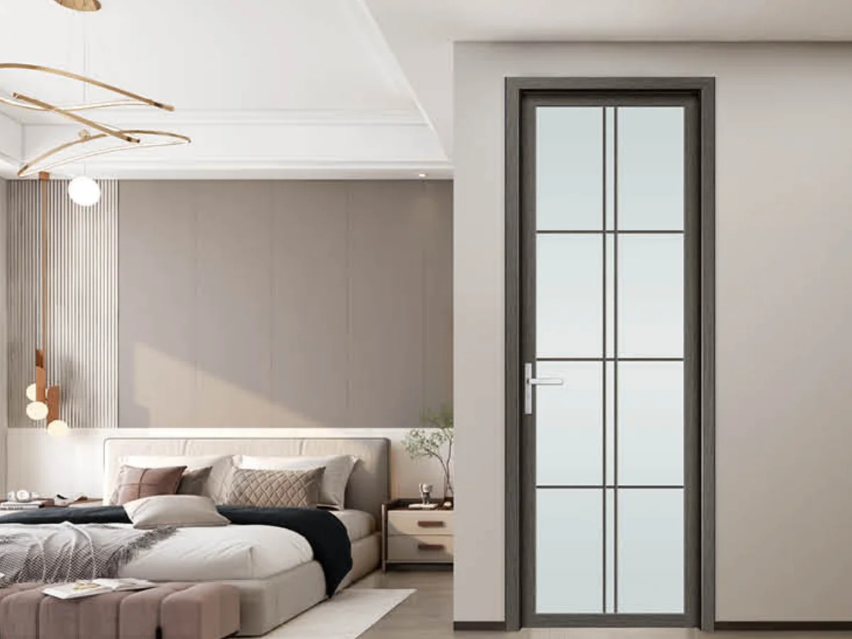 Detail of the aluminium hinged leaf edge and hinge meeting the door jamb, design rendering