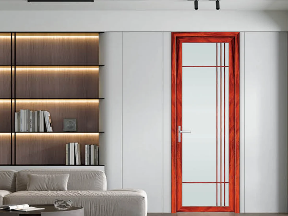 Frame and floor junction under a closed aluminium hinged interior leaf, design rendering