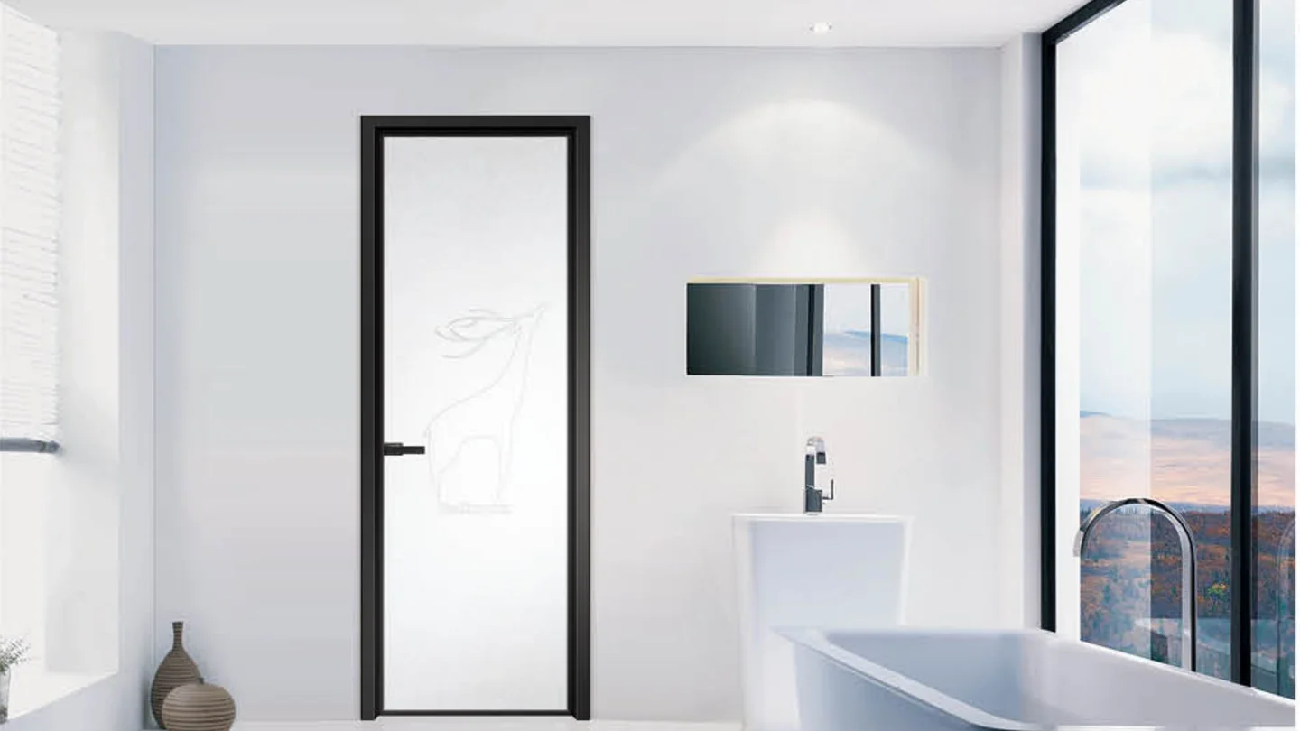 Aluminium hinged interior door with a slim frame, open into a dining room, design rendering