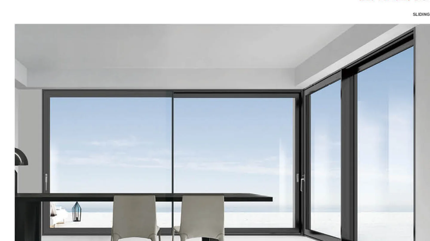 Aluminium sliding interior door with a slim dark frame, open beside a bathroom wall, design rendering