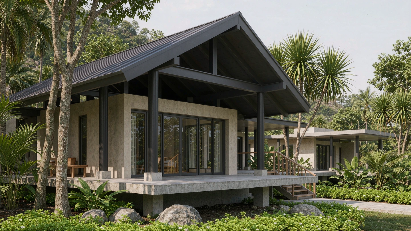 Contemporary Indonesian house exterior design rendering with a dark metal roof, deep overhangs and aluminium sliding doors to a garden terrace, Indonesia