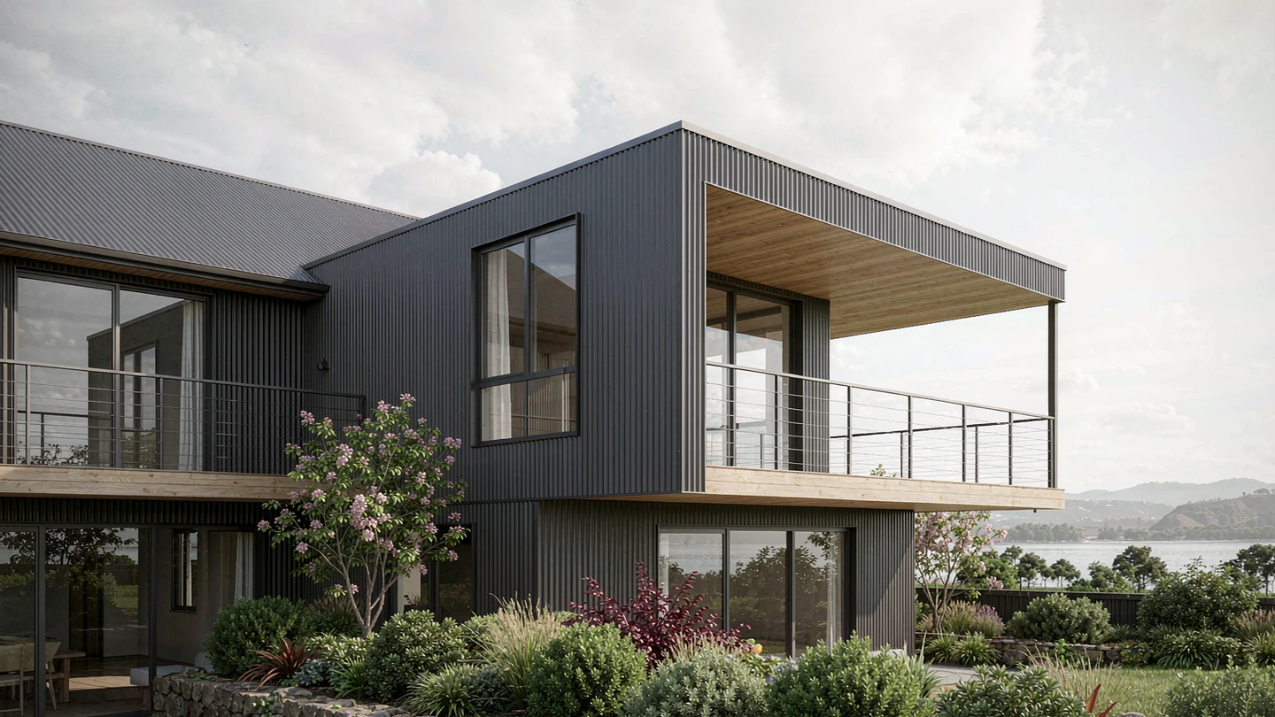 Contemporary New Zealand house exterior design rendering with dark cladding, light timber and a covered deck, New Zealand