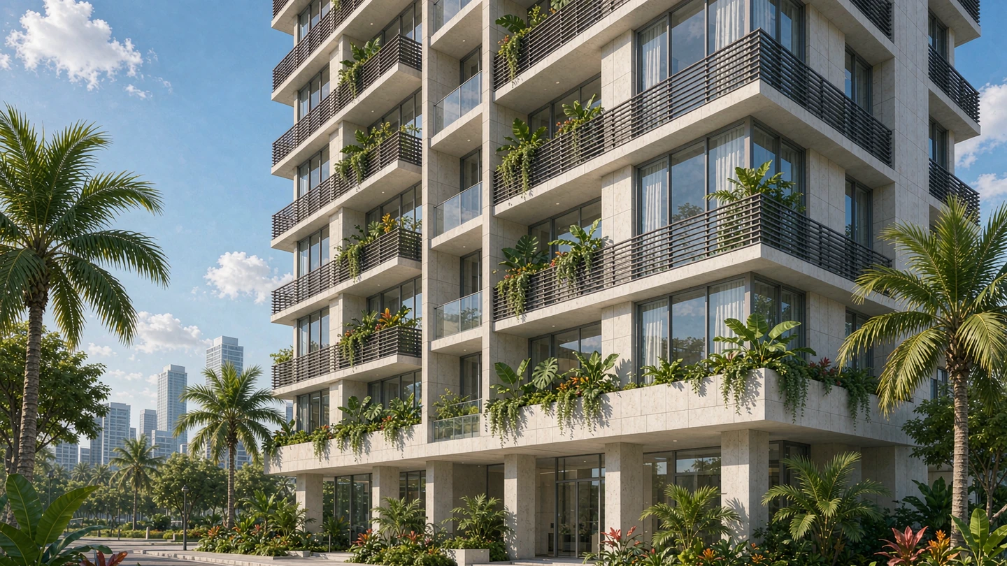 Contemporary Singapore apartment block exterior design rendering with dark metal louvres and planted balconies, Singapore