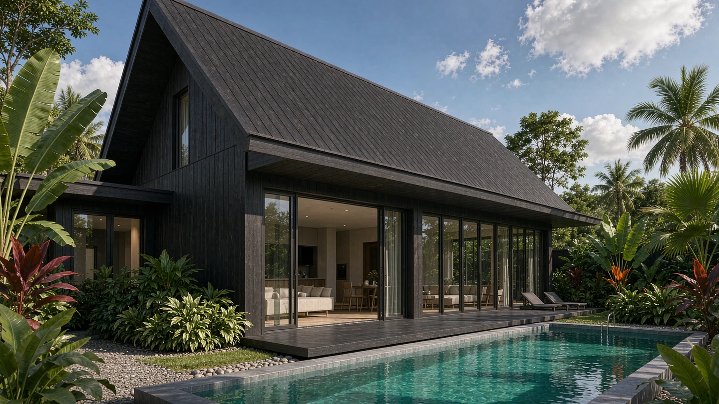 Contemporary Thai resort house exterior design rendering with dark timber and aluminium sliding doors to a private pool, Thailand