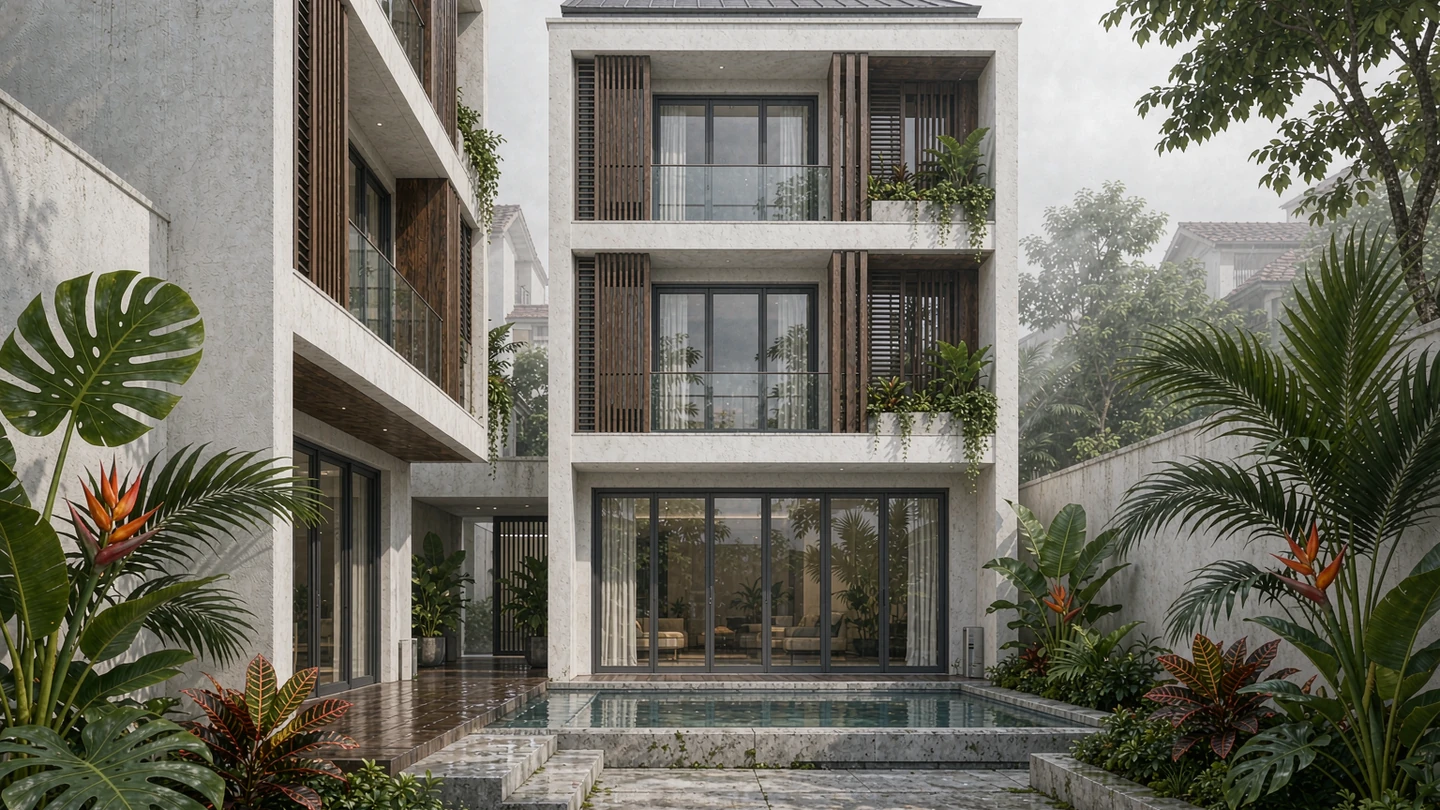 Contemporary Vietnamese townhouse exterior design rendering with white render and a planted courtyard, Vietnam