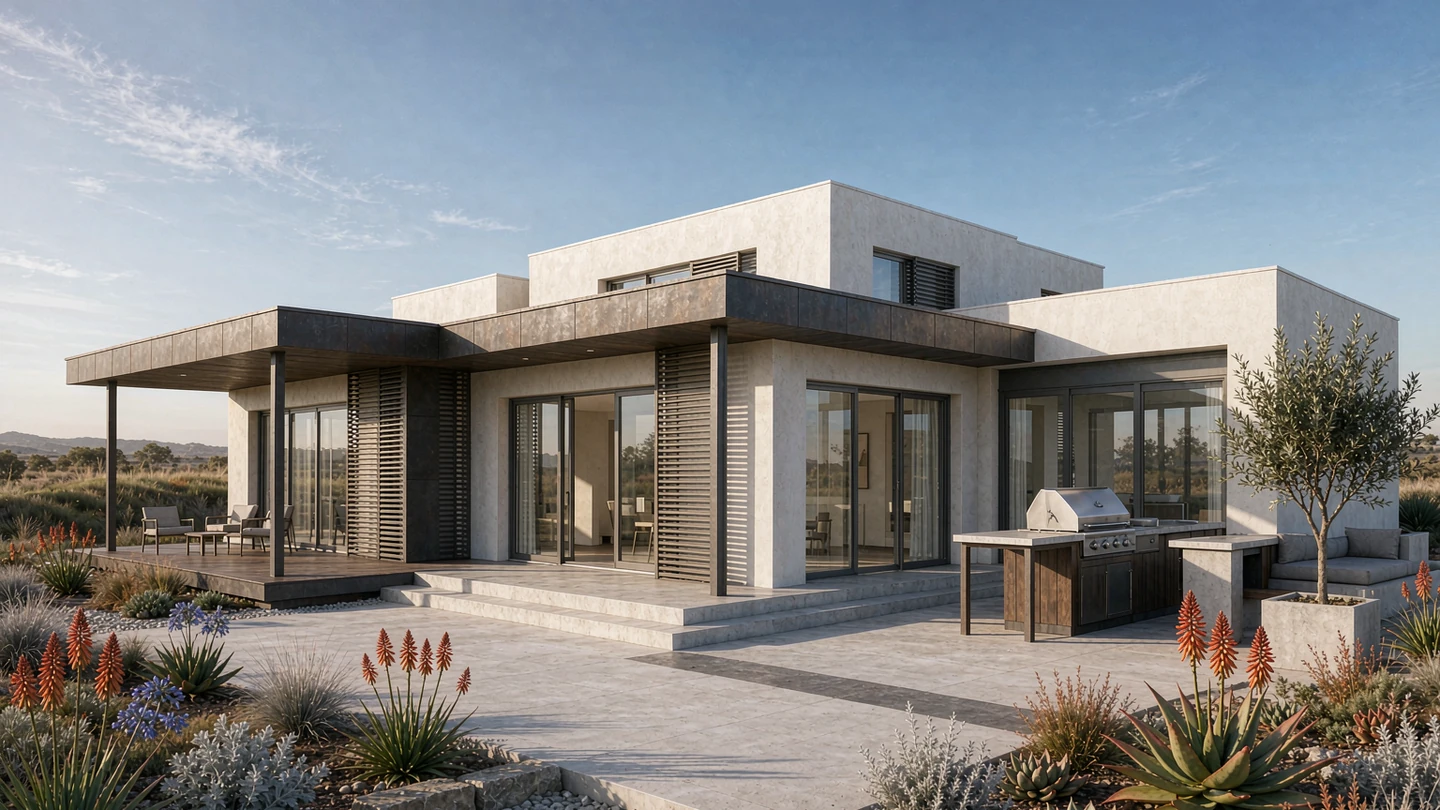 Contemporary South African house exterior design rendering with white render, dark metal cladding and a covered stoep, South Africa