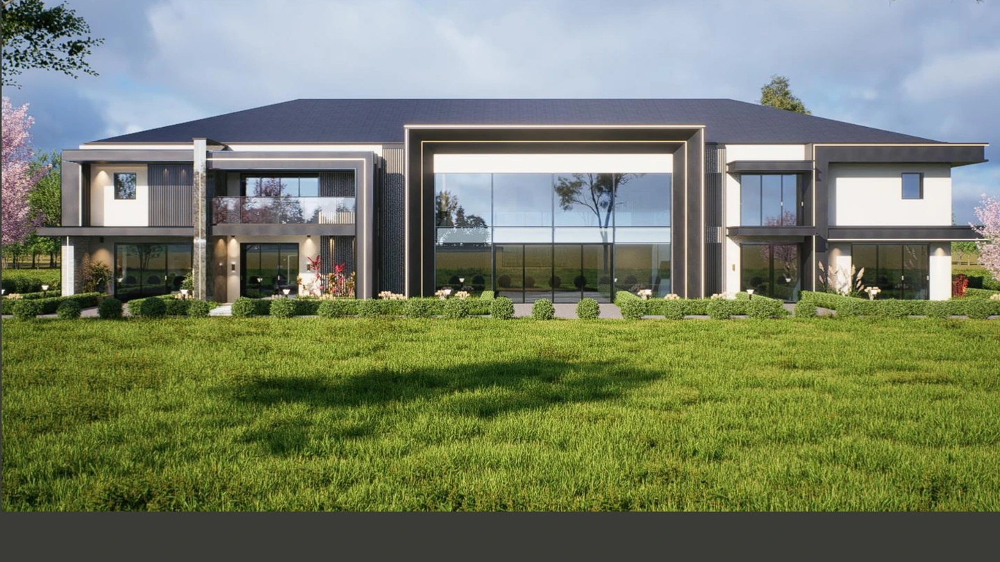 Two-storey villa exterior design rendering with two-tone cladding, Australia