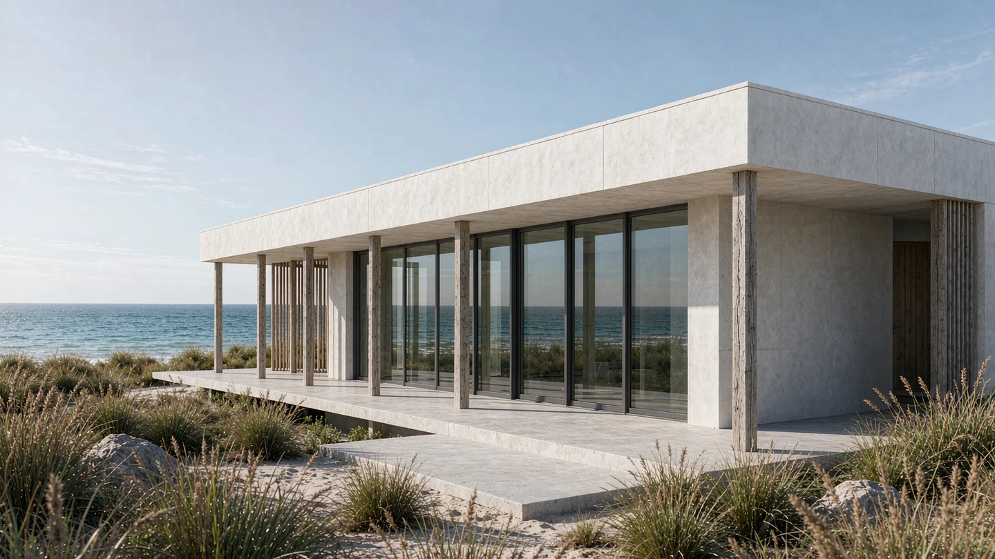 Coastal Australian house exterior design rendering in white render with full-height aluminium glazing facing the ocean, Australia