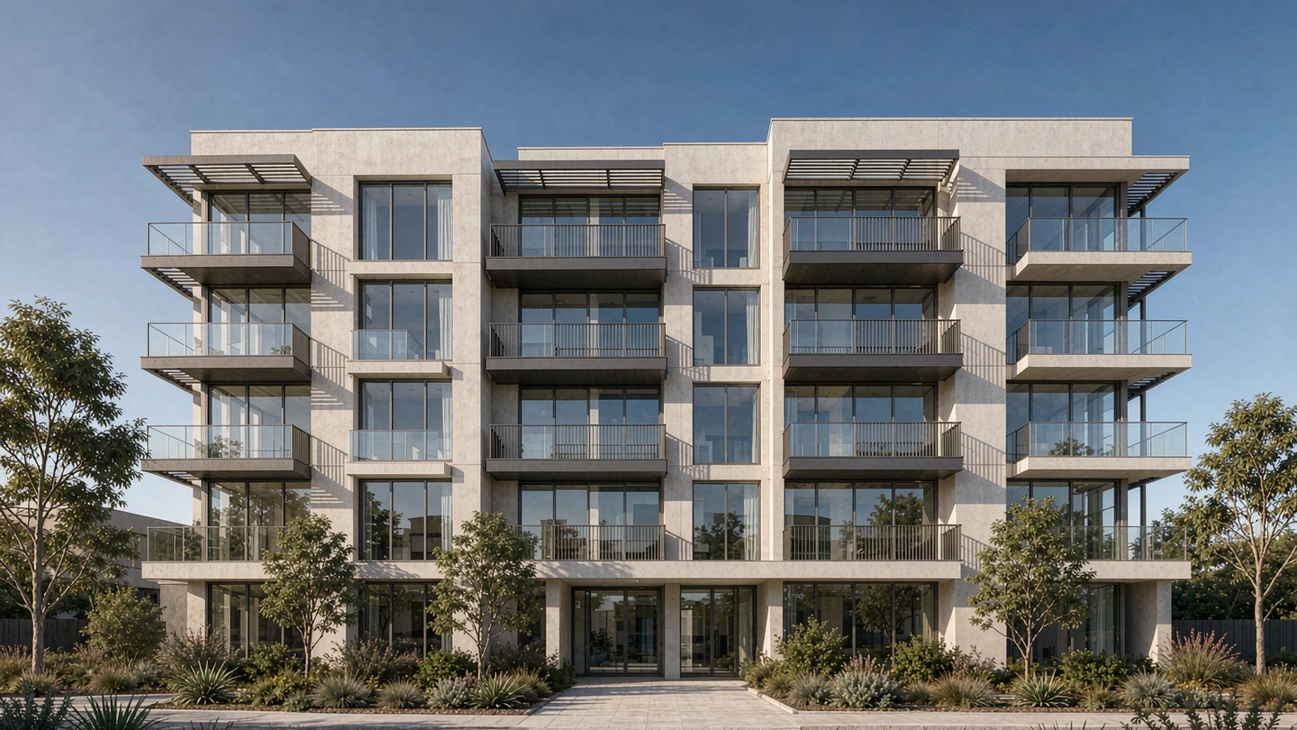 Contemporary apartment building exterior design rendering in pale render with dark metal balconies and angled sunshades, Australia