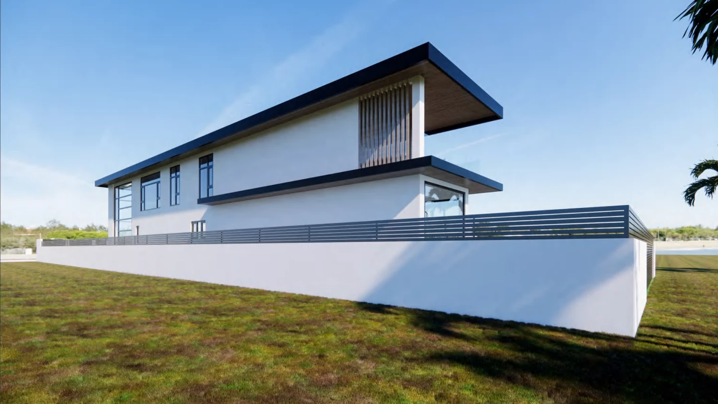 Coastal villa exterior design rendering with dark roofline and glass entry, Fiji