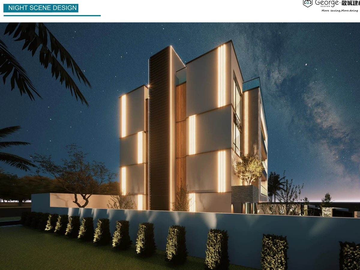 Modern villa case rendered at night with warm light lines, Mozambique