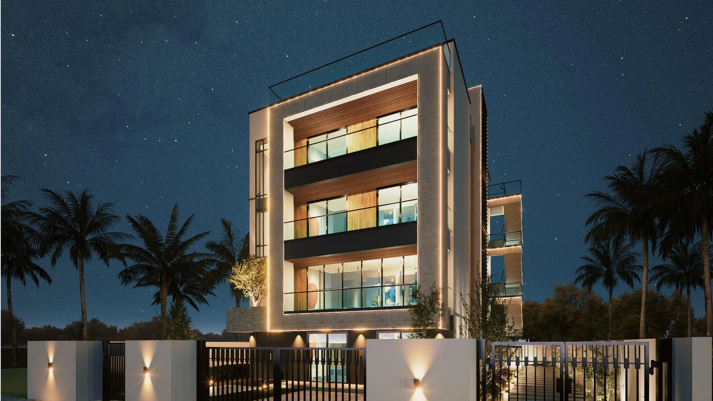 Modern villa exterior design rendering at night with warm light lines, Mozambique