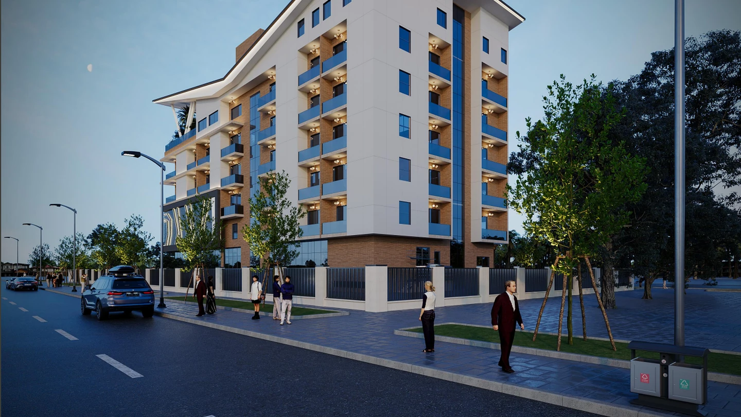 Low-rise hotel exterior design rendering with curved white roofline, Nigeria