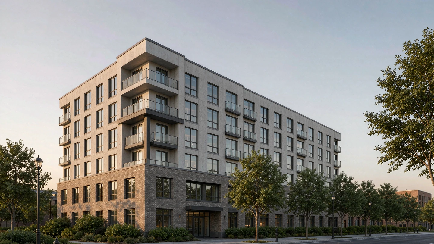 Mid-rise apartment building exterior design rendering with a brick podium and aluminium framed windows with juliet balconies, United States